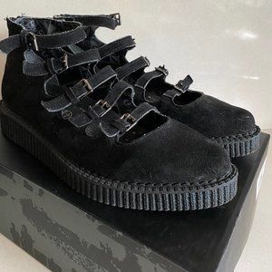 Black Faux Suede Multi-Strap Creepers - size 10